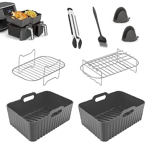 Air Fryer Accessories, Set of 8PCS Airfryer Accessories for Ninja Air Fryer Dual AF300UK AF400UK & Tower, Including Air Fryer Liners, Air Fryer Racks, Food Tongs, Oil Brush, Silicone Glove Grey