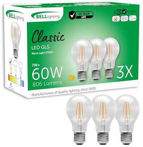 BELL Lighting E27 Edison Screw Cap Filament Light Bulb LED GLS 3 Pack | Warm White 2700K | 810 Lumen 7 Watts | Energy Saving GLS LED Light Bulb | 60W Lamp Equivalent | Non-Dimmable