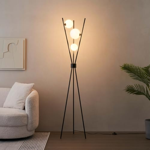 KOSILUM - Phoebe - Black Tripod Floor Lamp with White Balls - Warm White Light for Living Room, Bedroom, Kitchen, Hallway - 3 x Max 25 W - - G9 - IP20