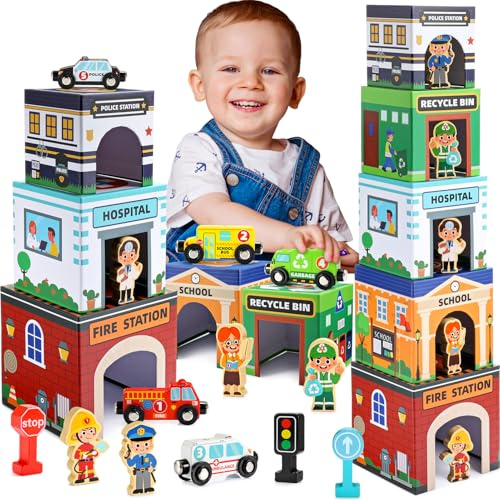 Naxudcoo Toddler Sorting and Stacking Toys: Preschool Learning Montessori Toys for 3 4 5 Year Old Boys Girls, Baby Blocks Nesting Boxes with Magnetic Wooden Cars, Gifts for 3 4 5 Year Old Boy Girl