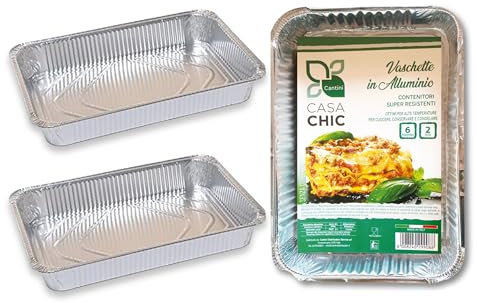 CasaChic Conteneur en aluminium rectangulaire sans couvercle 6 portions, 2 pièces – Assiettes jetables pour nourriture et bonbons (31 x 21 x 5 cm)