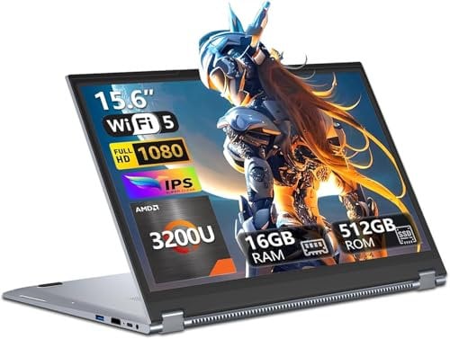 DUNHOO Computer portatile da 15,6 pollici 2 in 1 da gaming, touchscreen, con CPU AMD R3-3200U (fino a 3,5 GHz), 16 GB di RAM, 512 GB SSD laptop RJ45 WIFI5 BT5.1 tastiera retroilluminata HDMI AMD