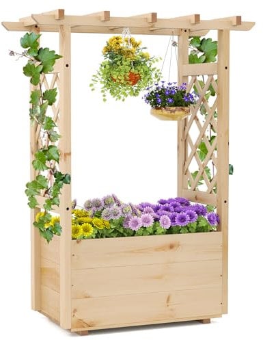 COSTWAY Garden Planter with Trellis, Hanging Roof and Drainage Holes, Wooden Raised Bed for Climbing Vine Plants, Indoor Outdoor Trough Container Grow Box Flower Pot (78 x 40 x 103 cm)