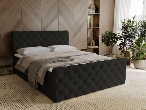 GRAINGOLD Lunaris Bett 140x200, Boxspringbett mit Bettkasten, Polsterbett mit Bonell-Matratze, Samt Stoff, mit Topper, mit Kopftei (Schwarz, 140x200)
