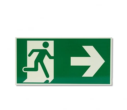 Señal de salida de emergencia, Señal Evacuación Homologada, Salida flecha Luminiscente, Señal de Flecha Inferior, Señal de Rescate de Ruta de Escape Autoadhesiva Aluminio, 300x150 mm (A la derecha)