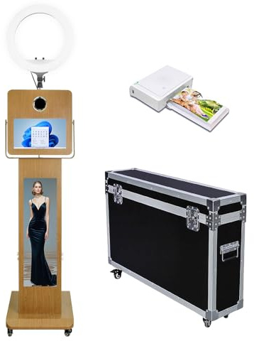 Machine à photomaton lumineuse avec écran tactile miroir et écran LCD divisé - Station de selfie - Support de cabine photo pour événements (machine + mini imprimante)