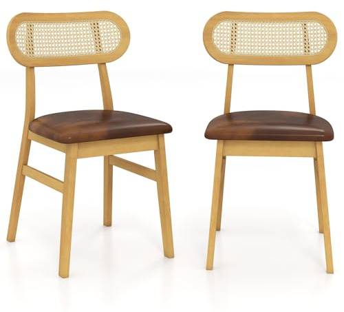 COSTWAY Esszimmerstühle Holz 2er Set, Küchenstühle Rattan, Esstisch Stühle mit gepolsterter Sitz, Holzstühle bis 180 kg belastbar, für Esszimmer, Küche (Vintage)