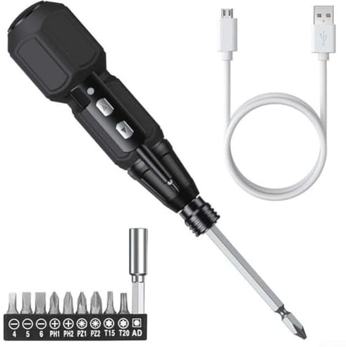 YobiLife Wiederaufladbarer elektrischer Schraubendreher, 3,6 V, USB-Aufladung mit 280 U/min und LED-Licht, inklusive 9-Loch-Bit und Doppelkopf-Lang-Bit für Heimwerker-Reparaturen zu Hause (schwarz)