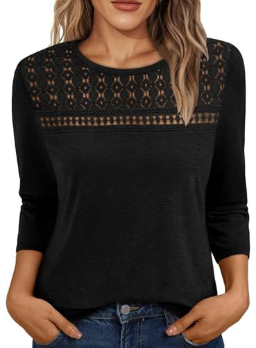 Arevill Womens Lace Tops 3/4 Sleeve Lightweight Cotton T-Shirt | Elegant Crew Neck, Ladies Blouse, Casual, Soft & Breathable
