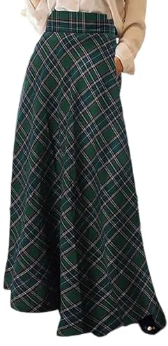 Jupe écossaise plissée pour femme - Taille haute - Jupe maxi - Poches - Jupe longue trapèze - Jupe d'hiver mi-longue - Jupe plissée élégante pour femme - Jupe d'hiver à carreaux