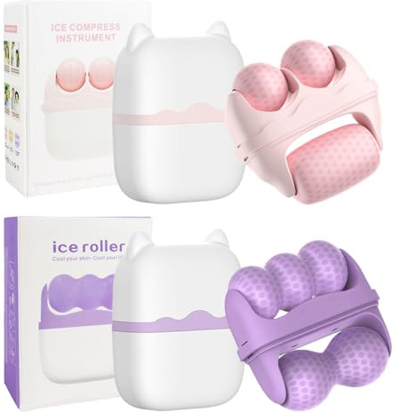 DRADERCH 2 Stück Eisroller für Gesicht und Augen, 2-in-1 Ice Roller | Face Massager Kalt Roller mit Aufbewahrungsbox, gegen Schwellungen, zur Gesichtsstraffung & Face Icing Geschenk(Rosa, Lila)
