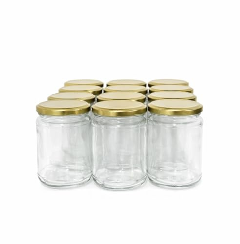 Glass Jam Jars 370ml (1lb) with Gold Lids – Airtight Screw Top Storage Jars for Preserves, Honey, Canning & Crafts – Pack of 12