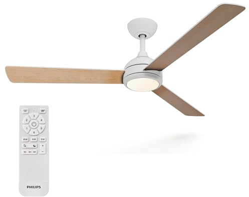 Philips Civx Deckenventilator mit LED-Beleuchtung, 3 Flügel, 132 cm Durchmesser, 2500 Lumen, drei Weißlichttöne (3000 K / 4500 K / 6500 K), dimmbar auf 10%, inklusive Fernbedienung, weiß/Holz