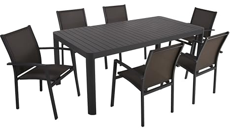 DELUKE Garten-Sitzgruppe Elina 7-TLG. - Kunststoff, Dunkelgrau | Gartenmöbel-Set Gartengarnitur Garten-Essgruppe mit Stühlen und Esstisch