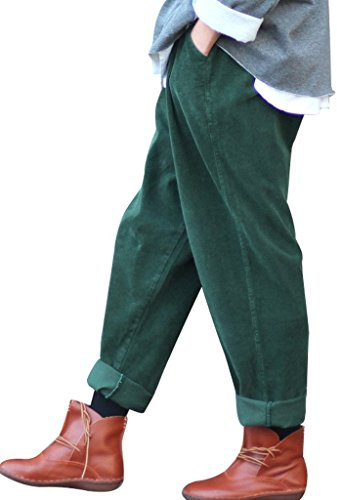 Youlee Frauen-elastische Taille Corduroy Hose mit Taschen Dunkelgrün Einheitsgröße