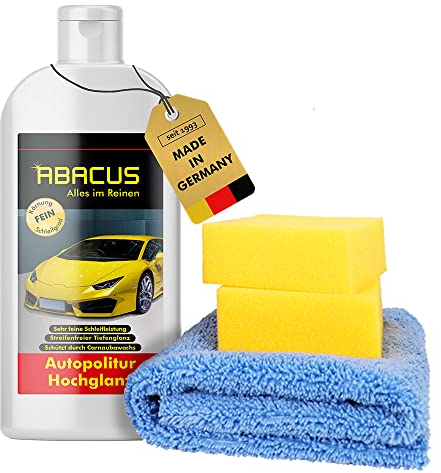ABACUS® Autopolitur Hochglanz, Hochglanzpolitur, Lackpolitur, Politur Hochglanz, Auto-Politur, Lackglanz, Tiefenglanz, Poliermittel – Autopolitur Hochglanz 500 ml Set mit Schwämmen (7075)