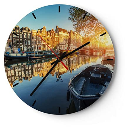 Modern Wanduhr Kanal Boot Amsterdam Wasser 30x30cm Rund Klein Wand Uhr Glas Analog Zimmeruhren Küche Büro Wohnzimmer Glasuhr Wall Clock Dekoration Design Wanddekoration Küchenuhr C3AR30x30-2857