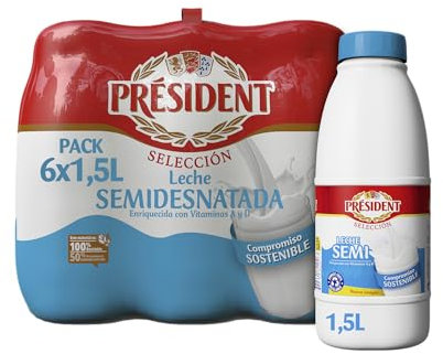 Président - Leche Semidesnatada con Vitamina A y D, Sin Gluten, Fuente de Calcio, Sin azúcares añadidos - Pack 6x1,5L