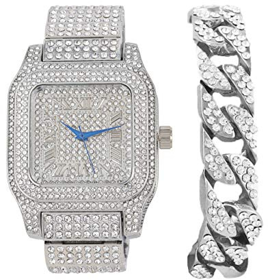 Bling-ed Out Biggie Square Iced Gold Hip Hop Watch You Will Hypnotize in a Flashy Way 0513SQ Silber kubanisch