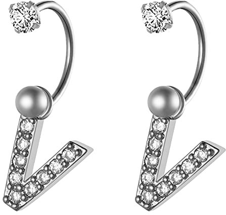 JewelryWe Schmuck Damen Herren Ohrringe Edelstahl Halb Creolen Ohrstecker mit A-Z Alphabet Buchstaben Zirkonia Anhänger, Knorpel Piercing Silber V