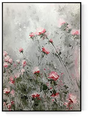 Handgemalte Leinwand Bilder,Leinwand Kunst Wand Misty Grünes Blatt Rosa Blumen Vertikale Kunstwerk Spachtel Strukturierte Rahmenlose Coole Gemälde Große Größe Wohnkultur Für Schlafzimmer Wohnz