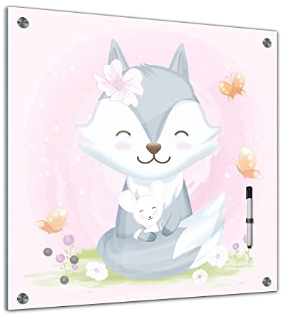 Bilderdepot24 Memoboard 40 x 40 cm | Kindermotiv | Aquarell - kleiner Fuchs | abwaschbare Glas-Magnettafel mit Halterung Magneten Stift | 1330b