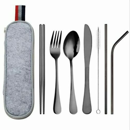 8Pcs Stainless Steel Cutlery Set Portable Spoon Fork Chopsticks Tableware Travel (Black)