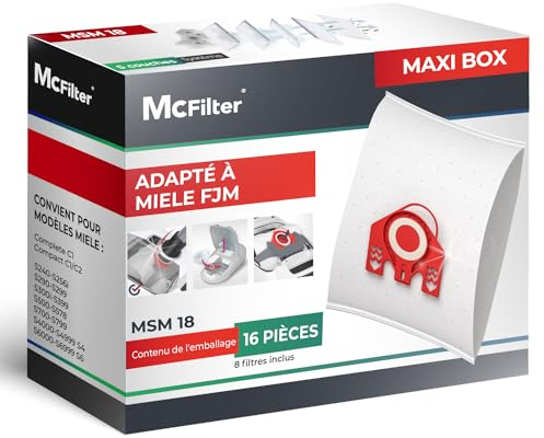 McFilter | 16 sacs à poussière pour l'aspirateur FJM de Miele | pour S511, S512-1, S548 Plus | Sacs à poussière avec 8 filtres et fermeture automatique | MAXI BOX