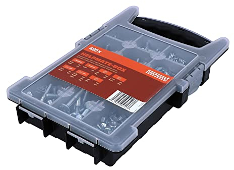 HELPMATE Box mit Gewindeschrauben Set - insg. 480 Stück Unterlegscheiben, Muttern Set, Beilagscheiben, Sechskantschrauben, Sechskantmutter, Schlossschrauben, metrische Schrauben mit Flachrundkopf