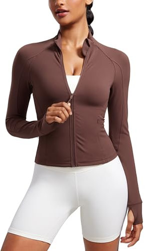 CRZ YOGA Damen Butterluxe Full Zipper Sport Jacke Zip Tasche Crop Running Laufjacke Gym Langarmshirt Sweatjacke mit Daumenloch Taupe 42