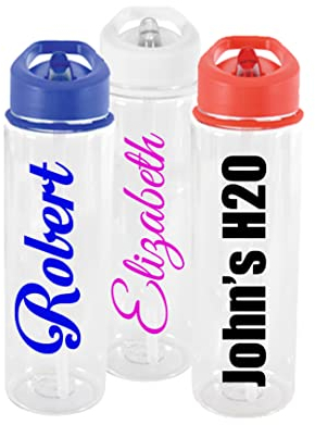 Personalised Custom Clear Water Drink Bottle with Flip Straw - Any Name, Word, Business, Sports, School, Promotional Merchandise