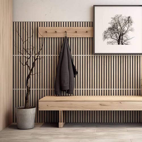 DECOON Panneau Mural décoratif Bois - Lamelles sur Feutrine - 60 x 30cm - Chêne Clair sur Fond Noir 0,18m2