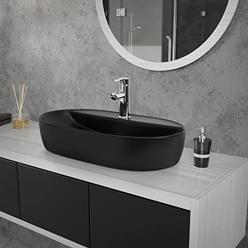 ML-Design Waschbecken aus Keramik in Schwarz matt 60 x 40 x 12 cm, Oval, Moderne Aufsatzwaschbecken, Design Waschtisch Aufsatz-Waschschale Waschplatz Handwaschbecken, für das Badezimmer/Gäste-WC