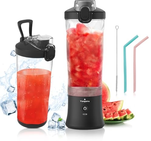 Portable Blender Smoothie Maker for Shakes and Smoothies,Vaeqozva 600ml Personal Blender,270W Mini Blender USB Rechargeable with 6 Blades,Smoothie Blender on the Go Cup for Travel Sports Office,Black