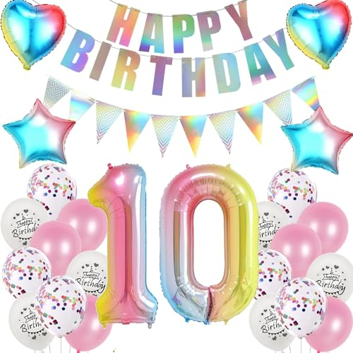 Yishamei 10. Geburtstag Mädchen Deko Set Rosa-Regenbogen: Ballon, Banner, Girlanden, Herz & Stern Folienballons, Konfetti, Latex 'Happy Birthday' Ballons, Band & Klebepunkte