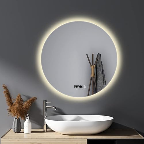 HY-RWML Spiegel Beleuchtung Rund 60cm Uhr Runder Wandspiegel Touch Schalter 3 Lichtfarbe LED Badspiegel Badezimmerspiegel Hintergrundbeleuchtung Warmweiß Kaltweiß Neutral 6500K energiesparend A++