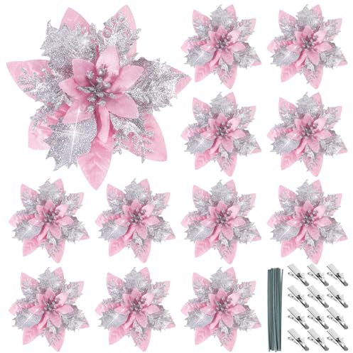 BOFUNX 12 Stück Glitzer Weihnachtsstern Blumen Weihnachtsblumen mit 12pcs Kunststoff Rhizomen 12pcs Clips Künstlich Glitter Weihnachtsbaum Blumen für Weihnachtsbaum Neujahr Dekorationen