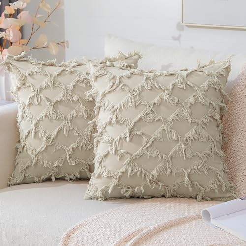 JOTOM 2er Set Boho Kissenbezüge mit Quasten, Dekorative Weich Tassel Kissenbezug Retro Kissenhüllen Sofakissen Dekokissen Zierkissenbezug für Wohnzimmer Schlafzimmer Deko (45x45cm, Beige)