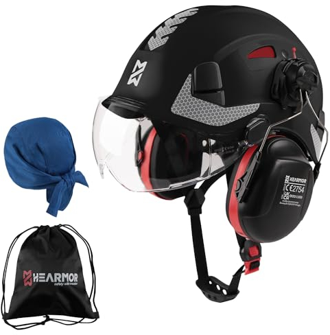 HEARMOR Casco protettivo 3 in 1 con protezione dell'udito e visiera, certificato EN 397, gancio a 6 punti, ideale per industria e edilizia, colore: nero