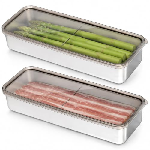 Cididu 2 Pack Bacon Container for Refrigerator, Food Grade 304 Stainless Steel Deli Meat Storage Keepers for Fridge, BPA Free Long Food Storage Container with Lids for Fruit Vegetables Meat Cheese