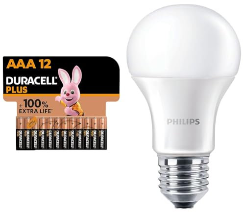 Duracell Plus AAA Batteries (12 Pack) - Alkaline 1.5V - Up To 100% Extra Life - LR03 MN2400 & Philips Corepro LED 13 W (100 W) A60, E27 Edison Screw, Bulb, Warm White, Non Dimmable, Frosted