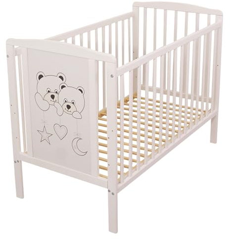 Bello24 - Kinderbett Babybett Zwei Bärchen Ökologisch und aus Massivholz 3 Fach höhenverstellbar mit DREI herausnehmbaren Latten 60 x 120 cm