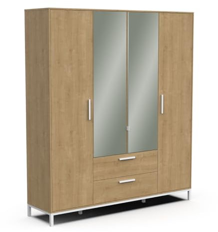 Armoire 4 Portes Avec Miroirs & Penderie, 2 Niches Et 2 Tiroirs – Style Industriel – Coloris Chêne Hamilton & Blanc - 191 x 220 x 50 cm