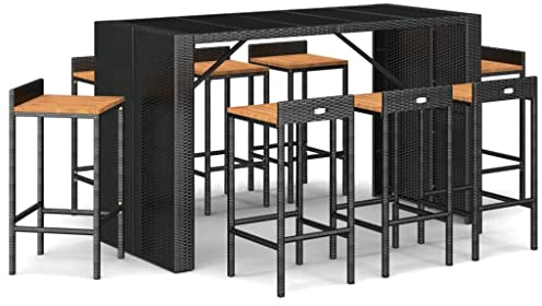 Makastle 9-teilig Gartenbar Set, Garten Sitzgruppe Essgruppe Stehtisch Barstühlen Gartenmöbel, Bartisch mit Barhocker Set für Garten Rasen, Schwarz Poly Rattan & Massivholz Akazie