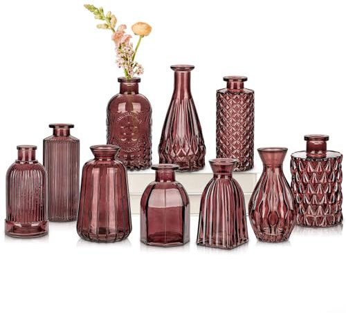 Oairse Glass Bud Vases Set of 10 Plum Purple Mini Vintage Bottle for Flowers Small Vase for Floral Arrangements Wedding Centerpieces Birthday Party Anniversary Home Table Decoration