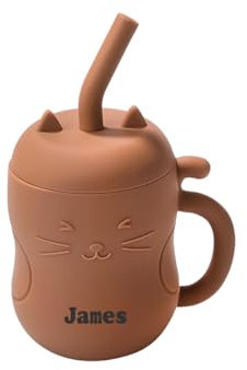 TYRY.HU Tasses avec Paille Nom Personnalisé Enfant Silicone Gobelet d'entraînement pour Bébé avec Poignée Dinky Cup et Tout-petit Tasse Apprentissage Marron