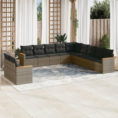 Rantry Gartensofa-Set 11-teilig mit Kissen aus Polyrattan grau, Set Sofa Wohnzimmer Couch Garten, Outdoor-Sofa Möbel, modernes Sofa-Set für den Außenbereich, lcc