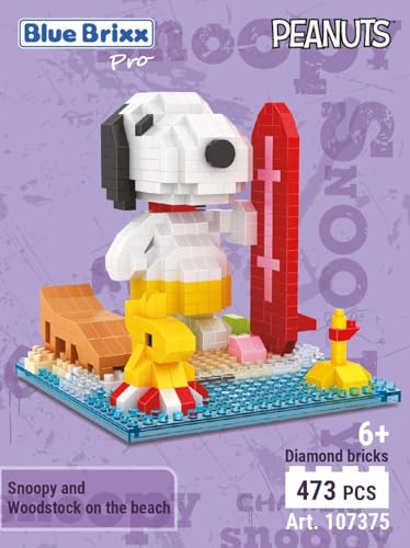 BlueBrixx Pro 107375 – Snoopy und Woodstock am Strand (Diamond Blocks) aus Klemmbausteinen mit 473 Bauelementen