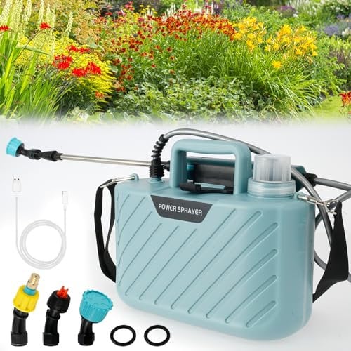 Battery Powered Garden Sprayer 5L - Electric with 3 Mist Nozzles, USB Rechargeable Handle, Retractable Wand and Adjustable Shoulder Strap for Gardening and Lawn