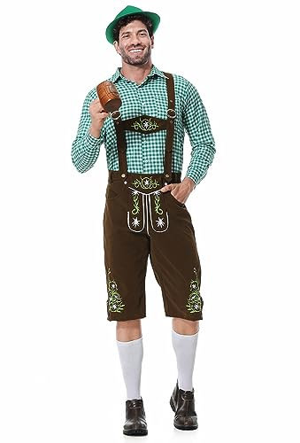 Beokeuioe Oktoberfest Kostüm für Erwachsene Trachtenhemd Lederhosen Hut Set 3pc Oktoberfest Herren Outfit deluxe für Herren Tiroler Bayrisch Kostüm Trachten für Karneval Halloween